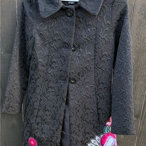Desigual Black Textured Trench Coat with Pink Accents
